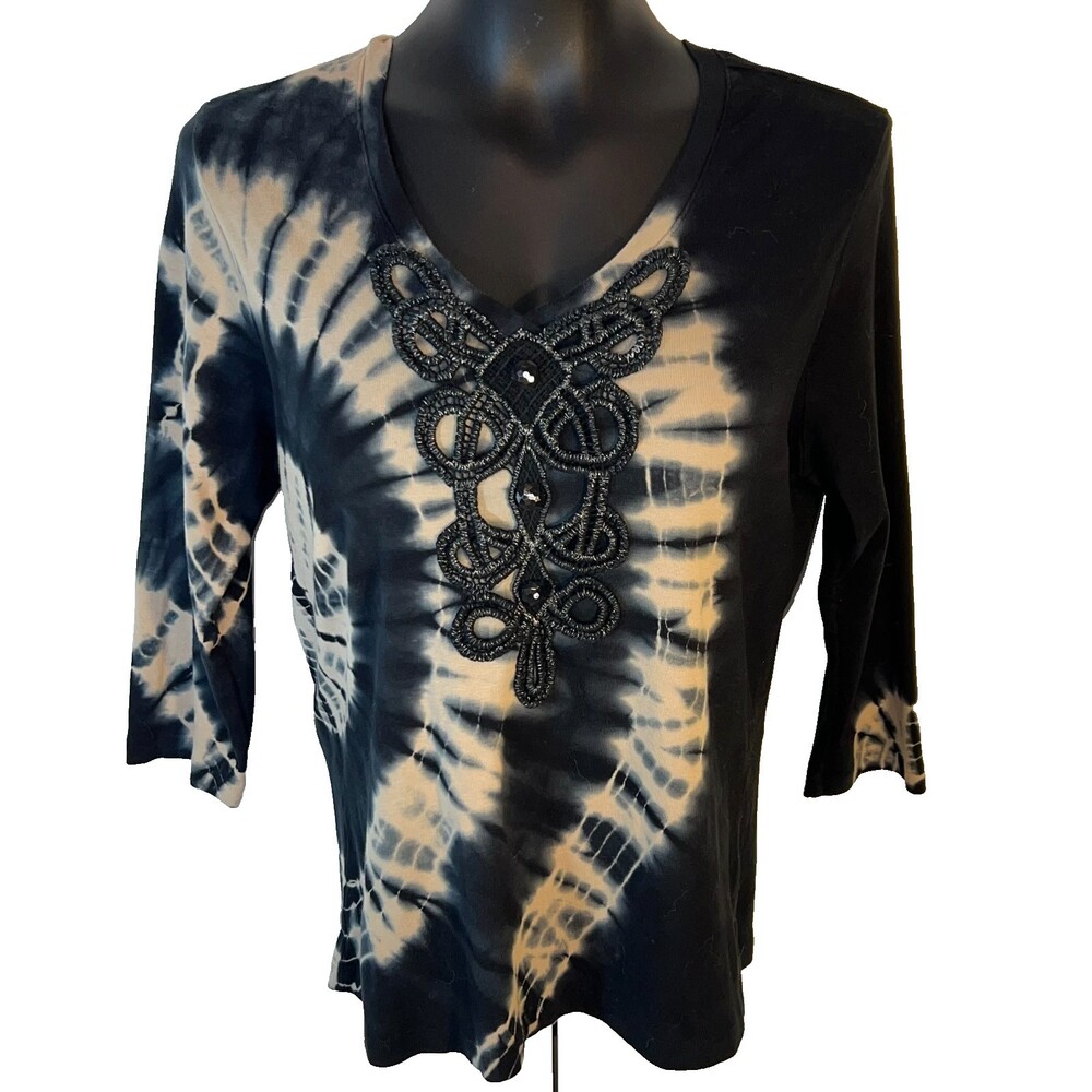 Nature Art  Knit Top Blouse Womens L Black Tan Tie Dye Crochet Button 3/4 Sleeve